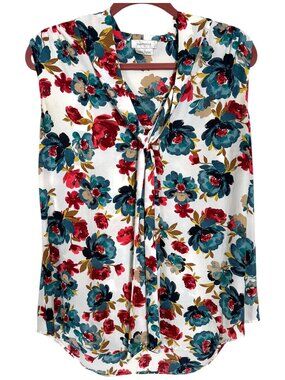 Van Heusen | White & Floral Sleeveless Blouse w/ Front Tie | Size L